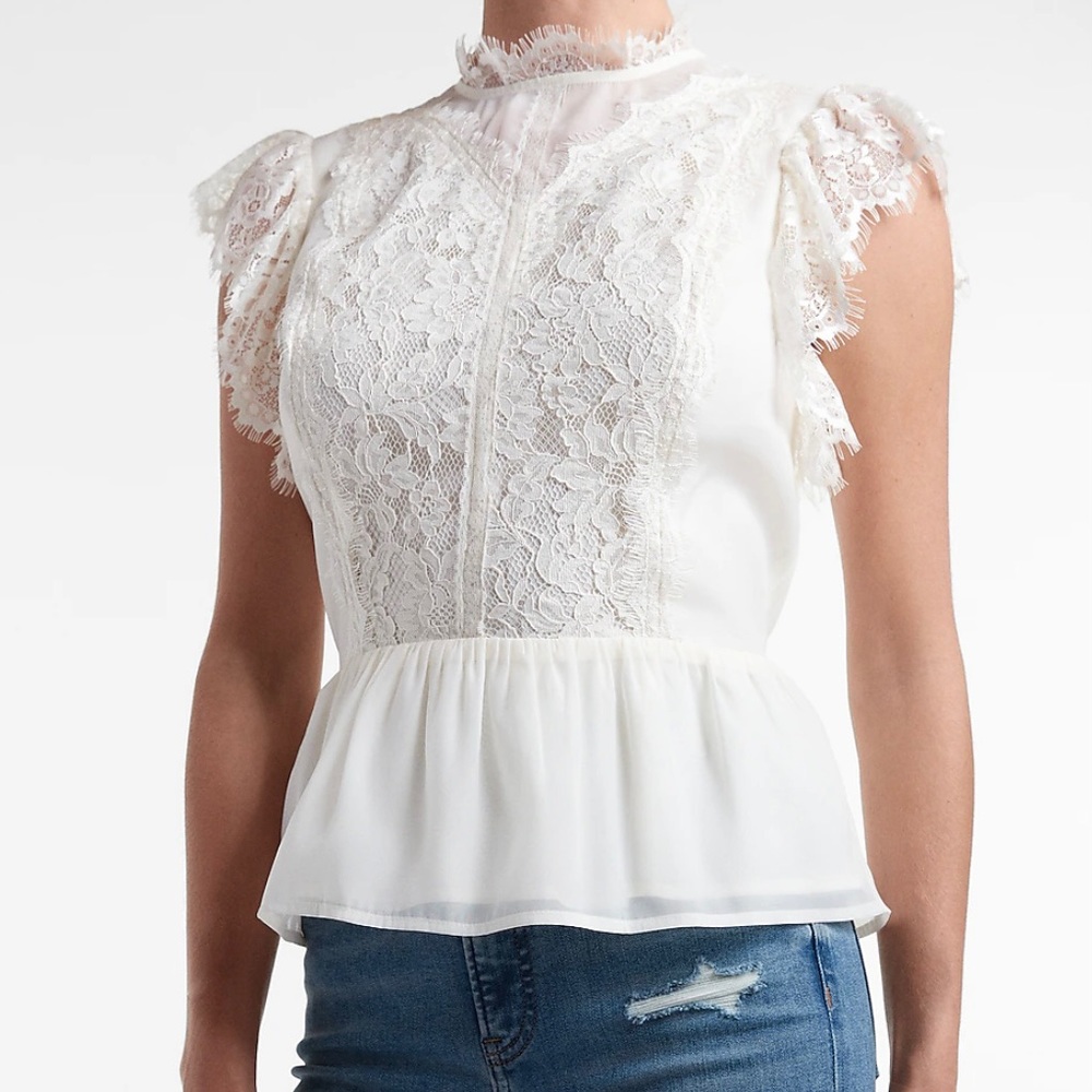 EXPRESS Lace Organza Sleeve Peplum Top (Size: S)